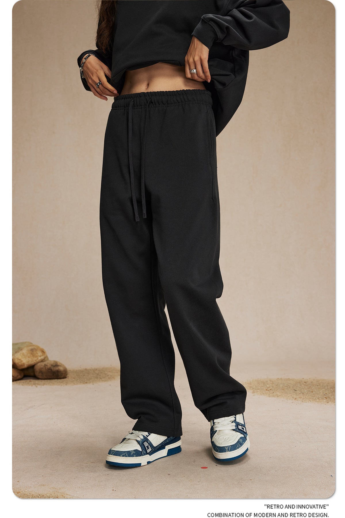 กางเกงขายาวผ้าขนสัตว์แท้ 430 กรัม ทรงหลวม สไตล์สปอร์ต สีพื้น