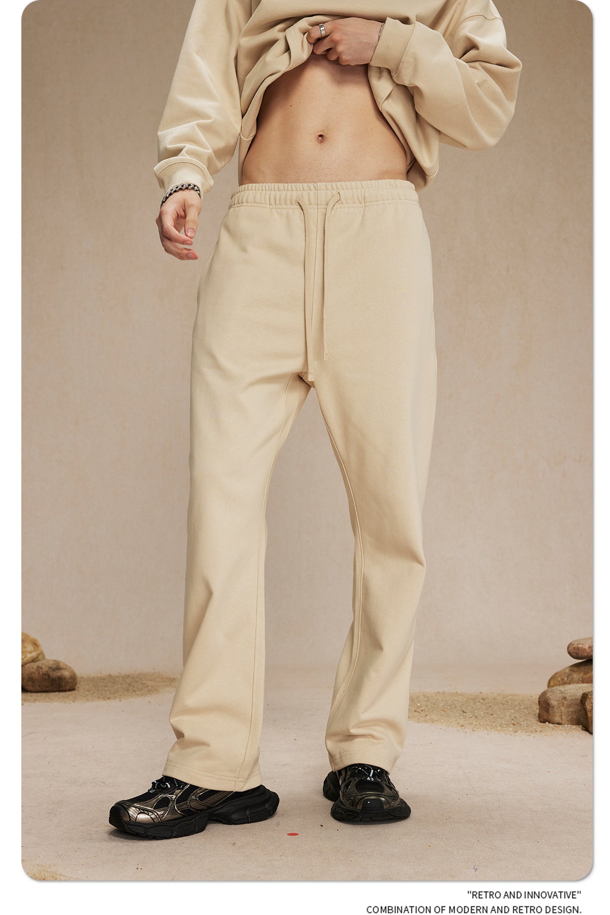 กางเกงขายาวผ้าขนสัตว์แท้ 430 กรัม ทรงหลวม สไตล์สปอร์ต สีพื้น