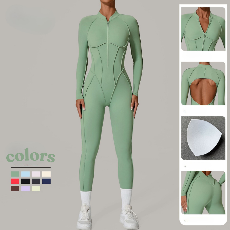 ชุดจั๊มสูทออกกำลังกายโยคะแขนยาวซิปเปิดครึ่งตัว รหัส 25633