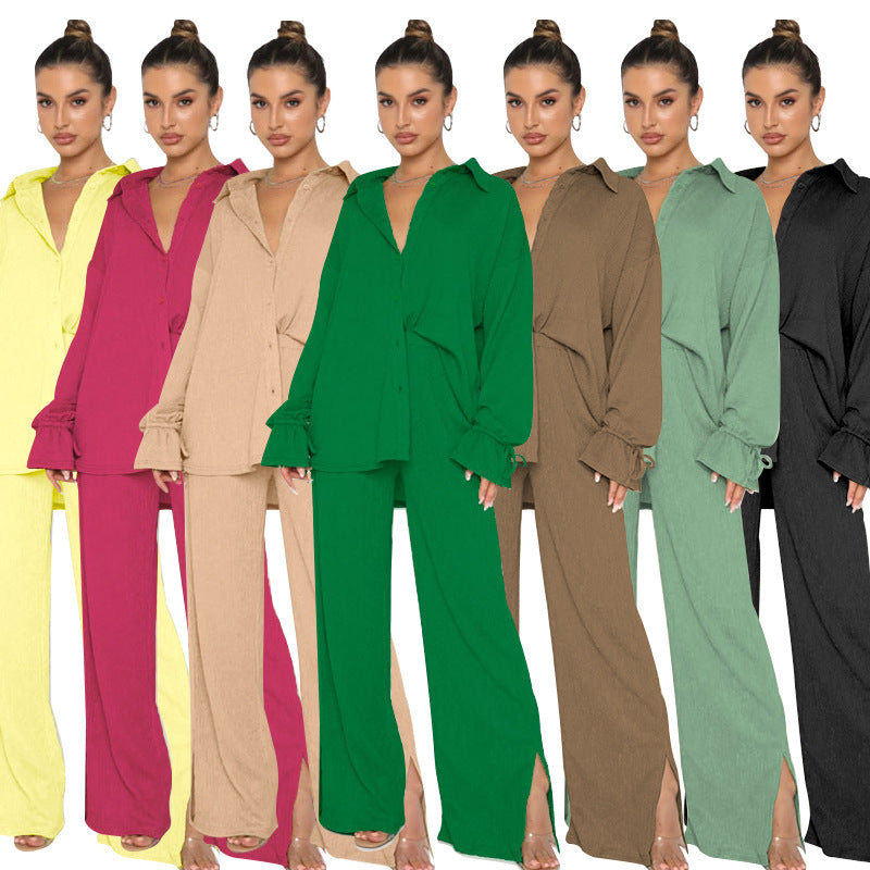 เสื้อแขนยาวสีพื้นแบบกระดุมแถวเดียวผูกเชือก ชุดสูทกางเกงแฟชั่น 7 สี