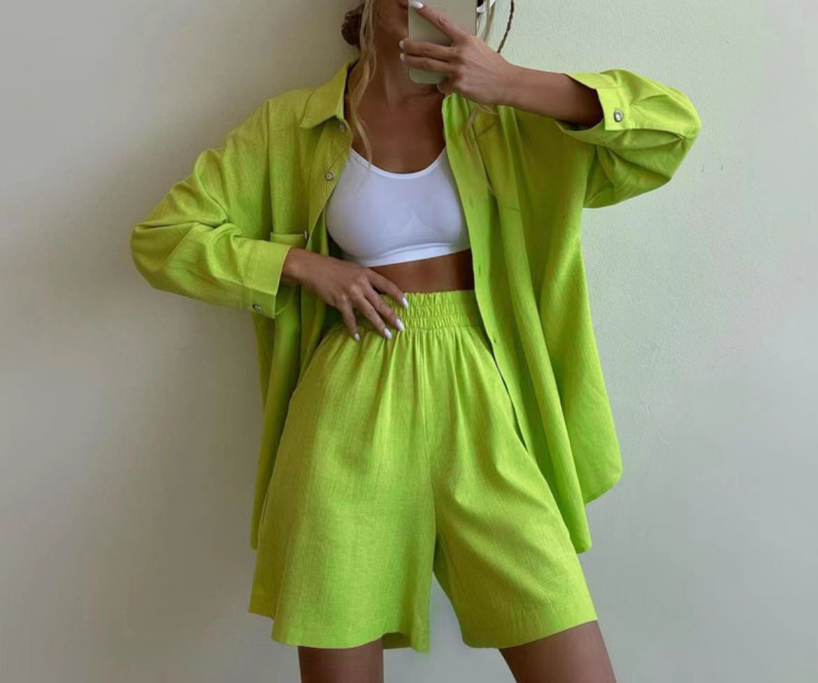ชุดเสื้อเชิ้ตแขนยาวกระดุมแถวเดียวทรงหลวมแฟชั่นลำลองสีพื้นใหม่ มีให้เลือก 7 สี