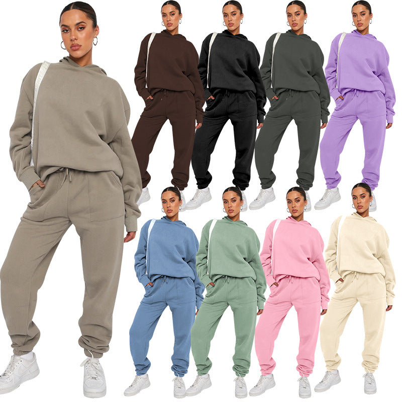 ชุดกางเกงลำลองแฟชั่นสำหรับผู้หญิง แขนยาวมีฮู้ดสีพื้น มีให้เลือก 9 สี