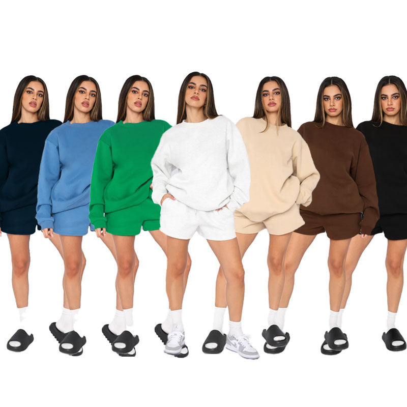 ชุดเสื้อฮู้ดแขนยาวคอกลมสีพื้นพร้อมกางเกงขาสั้นแฟชั่น 7 สี