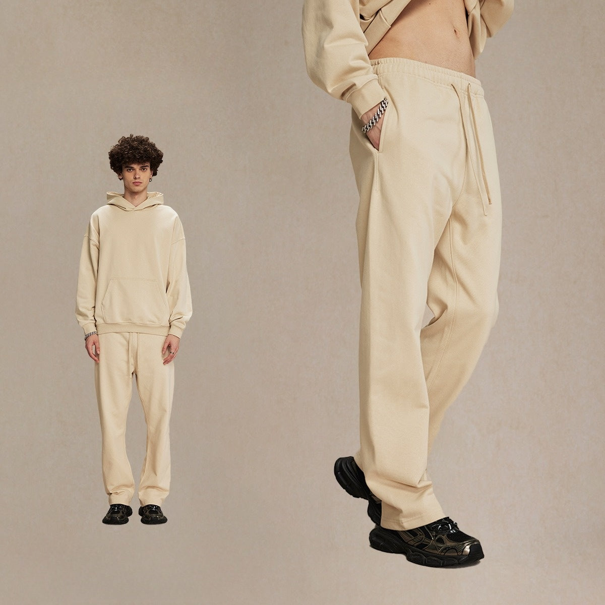 กางเกงขายาวผ้าขนสัตว์แท้ 430 กรัม ทรงหลวม สไตล์สปอร์ต สีพื้น