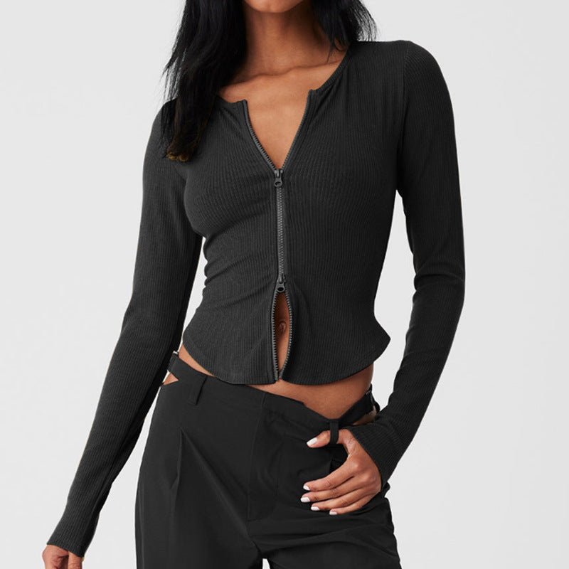 เสื้อวิ่ง/โยคะสำหรับผู้หญิง ดีไซน์ซิปคู่ สำหรับฤดูใบไม้ร่วง/ฤดูหนาว