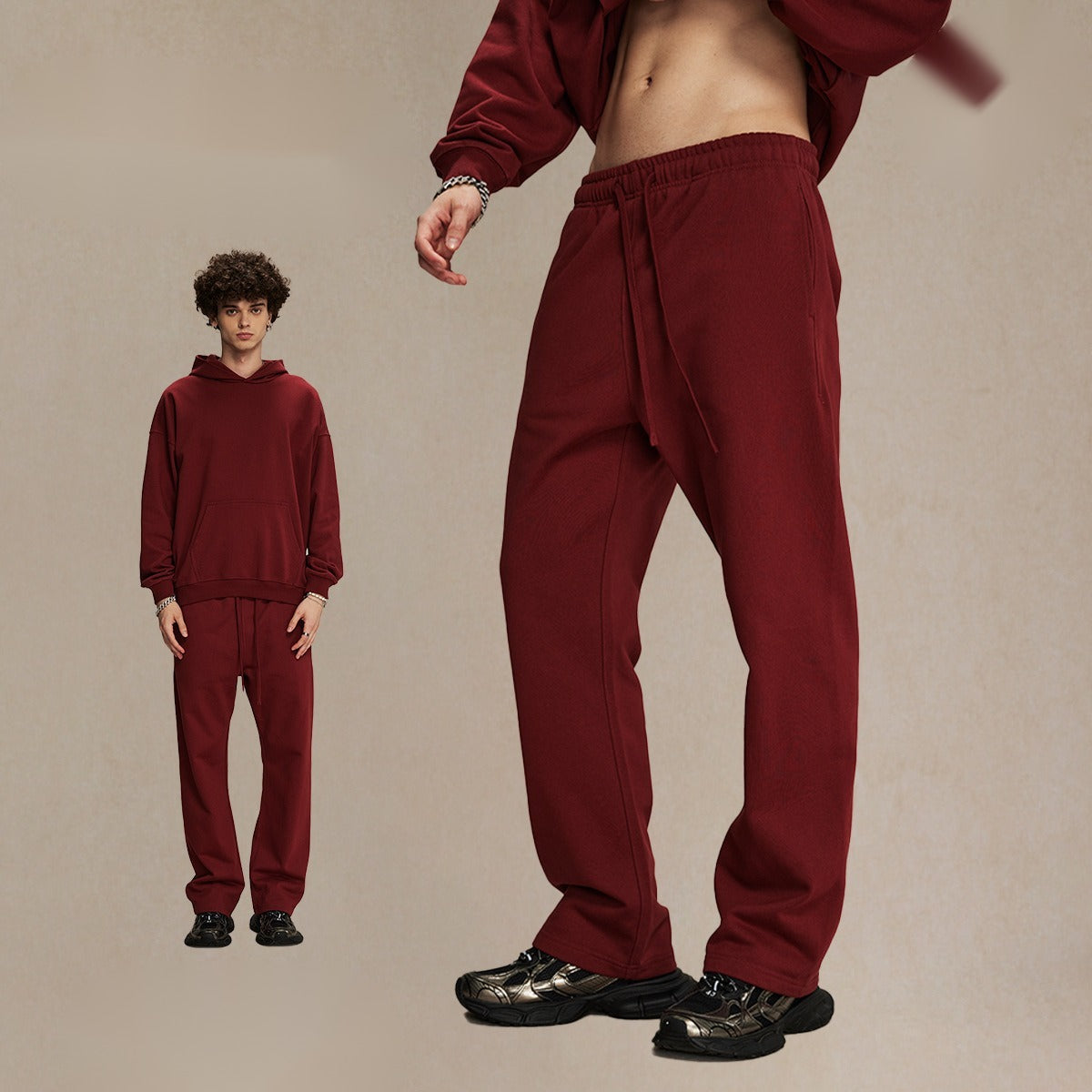 กางเกงขายาวผ้าขนสัตว์แท้ 430 กรัม ทรงหลวม สไตล์สปอร์ต สีพื้น