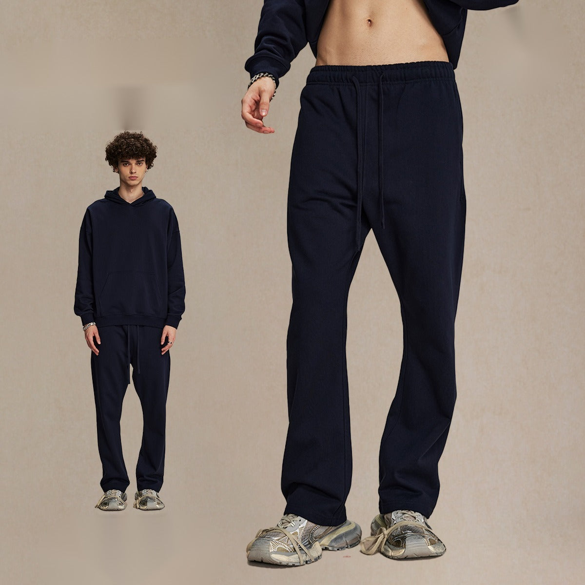 กางเกงขายาวผ้าขนสัตว์แท้ 430 กรัม ทรงหลวม สไตล์สปอร์ต สีพื้น