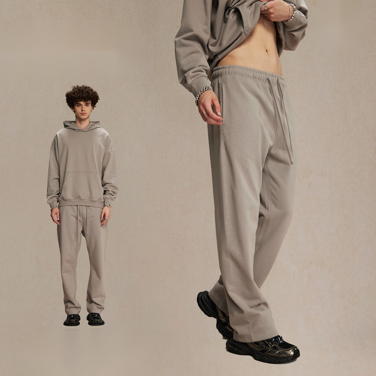 กางเกงขายาวผ้าขนสัตว์แท้ 430 กรัม ทรงหลวม สไตล์สปอร์ต สีพื้น