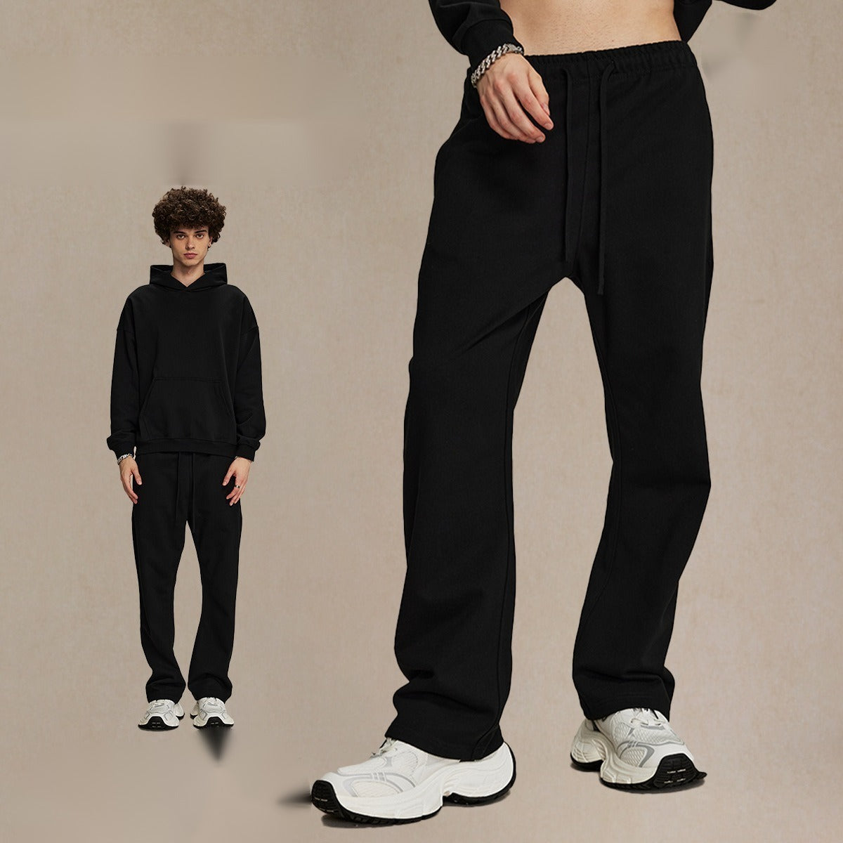 กางเกงขายาวผ้าขนสัตว์แท้ 430 กรัม ทรงหลวม สไตล์สปอร์ต สีพื้น