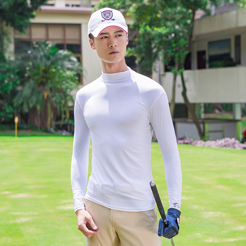 เสื้อผ้ากอล์ฟสำหรับผู้ชาย เสื้อเชิ้ตผ้าไหมน้ำแข็งแขนยาว คอสูง เสื้อกันแดด ผ้ายืดเจอร์ซีย์สูง ขั้นต่ำ 30 ชิ้น