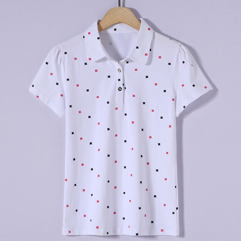 เสื้อยืดแขนสั้นผู้หญิงสำหรับฤดูใบไม้ผลิ/ฤดูร้อน เสื้อโปโลพิมพ์ลายปกเสื้อลำลองสำหรับสุภาพสตรี