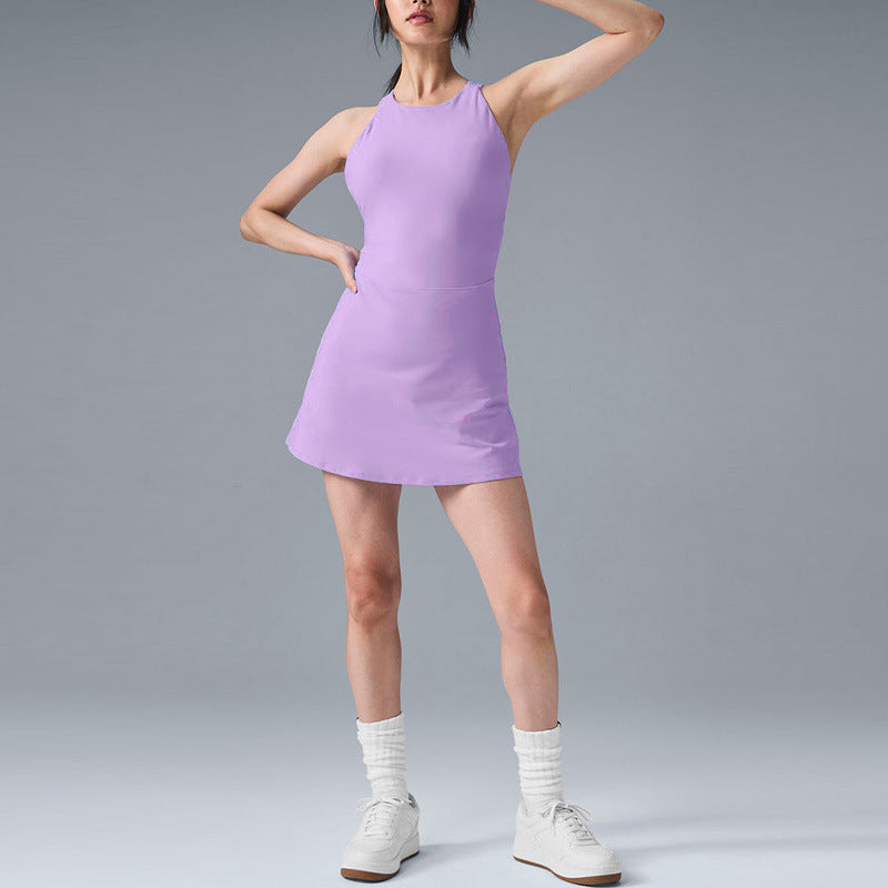 กระโปรงเทนนิสคอปกสีนู้ด มีแผ่นเสริมหน้าอกถอดได้ ป้องกันการเปิดเผยส่วนต่างๆ ของร่างกาย ชุดเทนนิสชิ้นเดียวสำหรับกีฬากลางแจ้ง