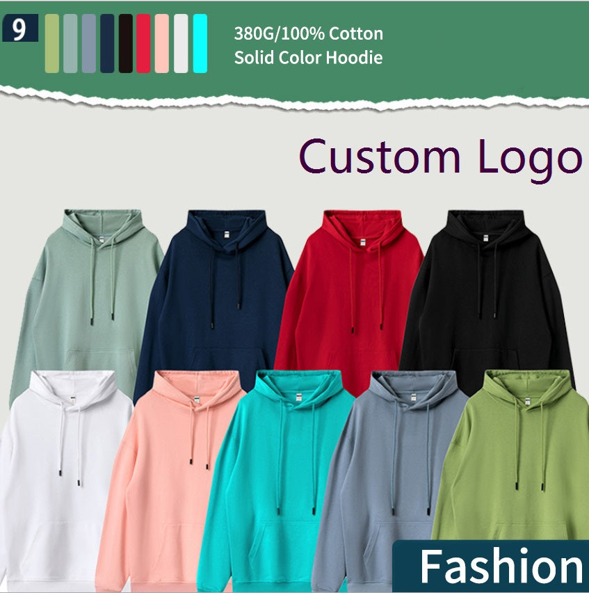 เสื้อฮู้ดผ้าฝ้ายคุณภาพสูงสำหรับทั้งชายและหญิง สีพื้นเรียบ พร้อมโลโก้สั่งทำได้ 9 สี