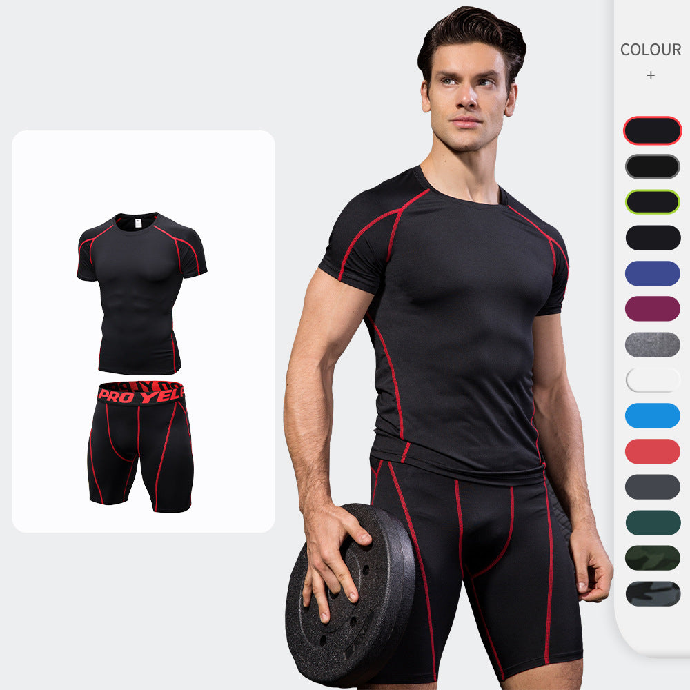 1054+1053 ชุดออกกำลังกายชาย ระบายเหงื่อ แห้งเร็ว กางเกงขาสั้นแขนสั้นรัดรูปสำหรับวิ่ง