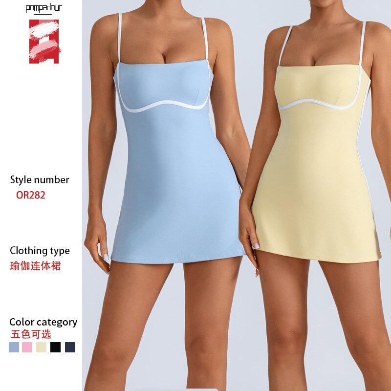 ชุดเดรสโยคะแบบชิ้นเดียวสำหรับผู้หญิง สีสันสดใส มีแผ่นรองหน้าอก ป้องกันการลื่นไถล เหมาะสำหรับเล่นกีฬา ฟิตเนส ฝึกซ้อม เทนนิส หรือใส่เป็นกระโปรง