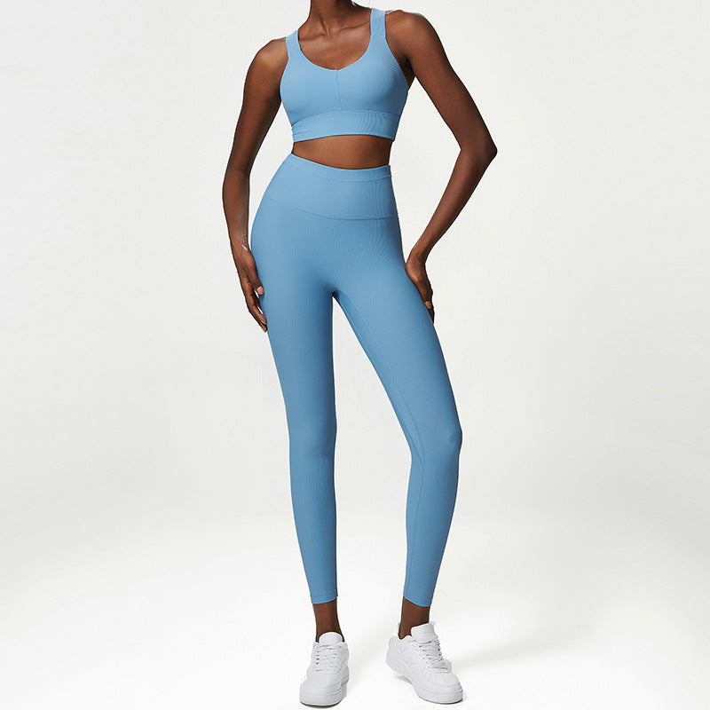 ชุดออกกำลังกายโยคะสีเนื้อแบบไม่มีสายรัด 2 ชิ้น 5 สี