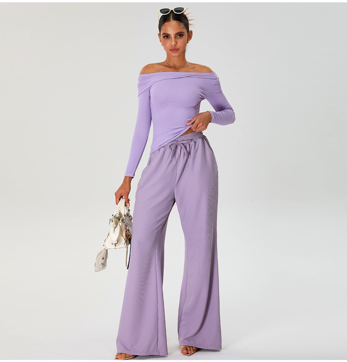 ชุดโยคะแขนยาว ดีไซน์ไหล่เอียง เสื้อยืดแห้งเร็ว ชุดกีฬา กางเกงลำลอง กางเกงวิ่ง