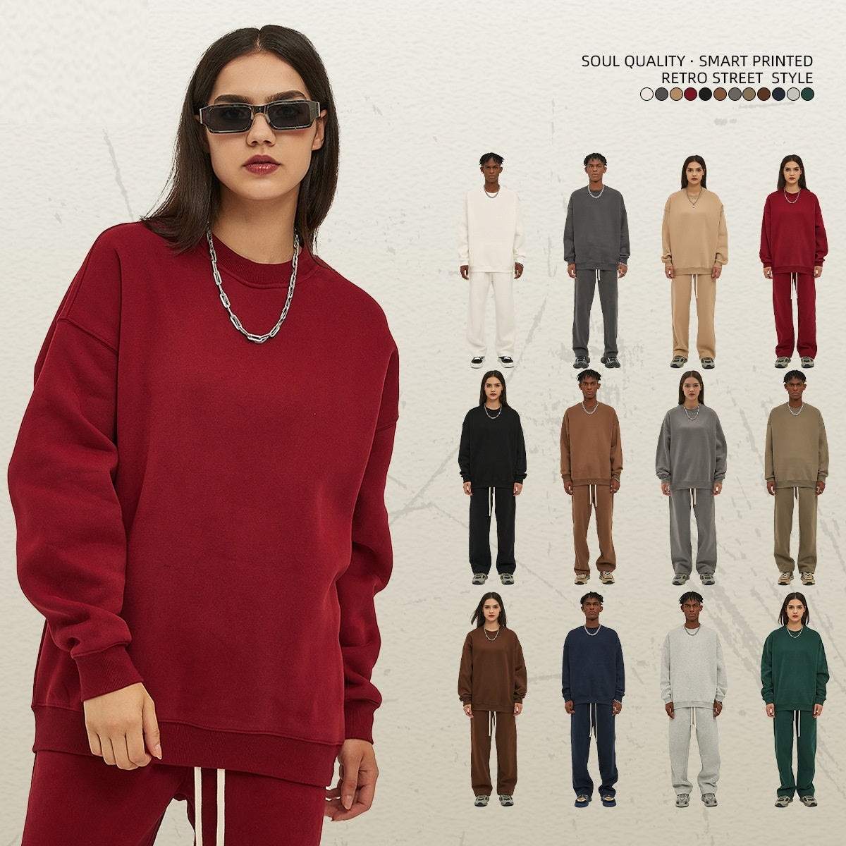 เสื้อฮู้ดคอกลมทรงหลวมผ้าฟลีซหนา 350 กรัม สำหรับฤดูใบไม้ร่วงและฤดูหนาว มีให้เลือก 12 สี