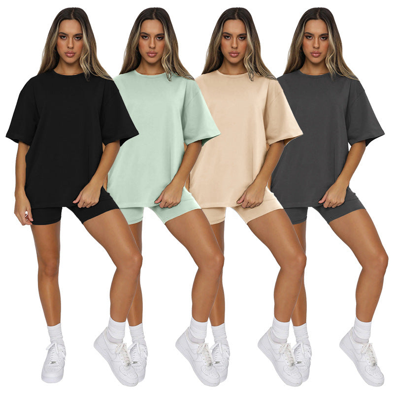 เสื้อแขนสั้นคอกลมสีพื้น ชุดสูทลำลองกับกางเกงขาสั้นแฟชั่น 4 สี