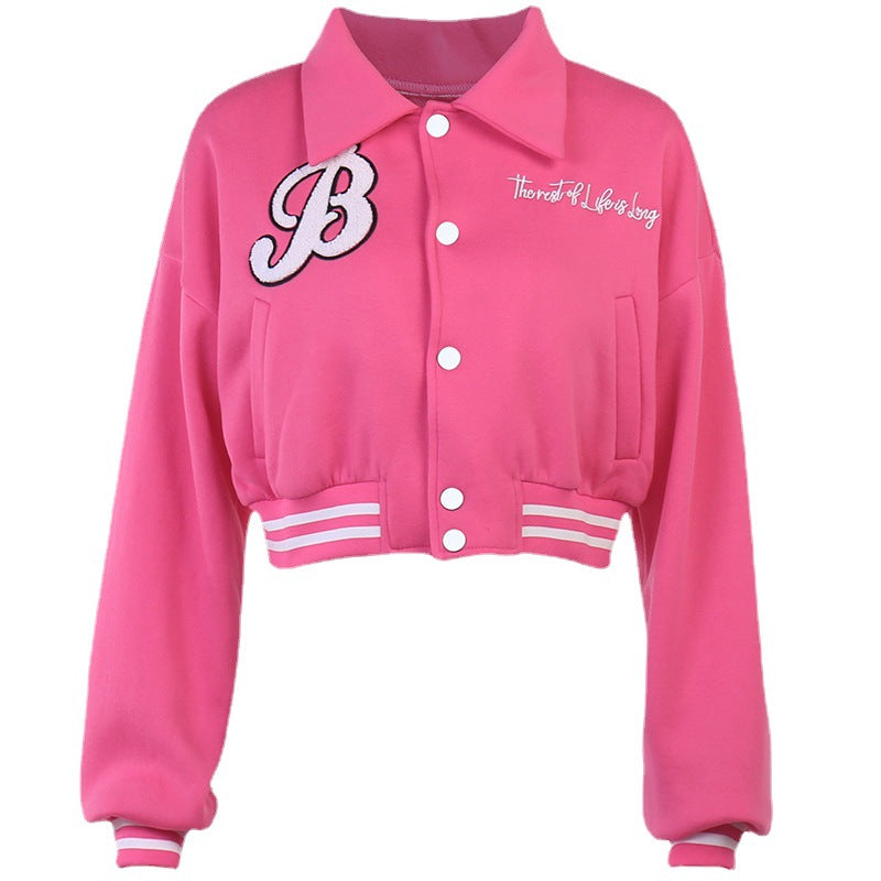 เสื้อเบสบอลแขนยาวถักพิมพ์ลาย Barbie powder YJ22222