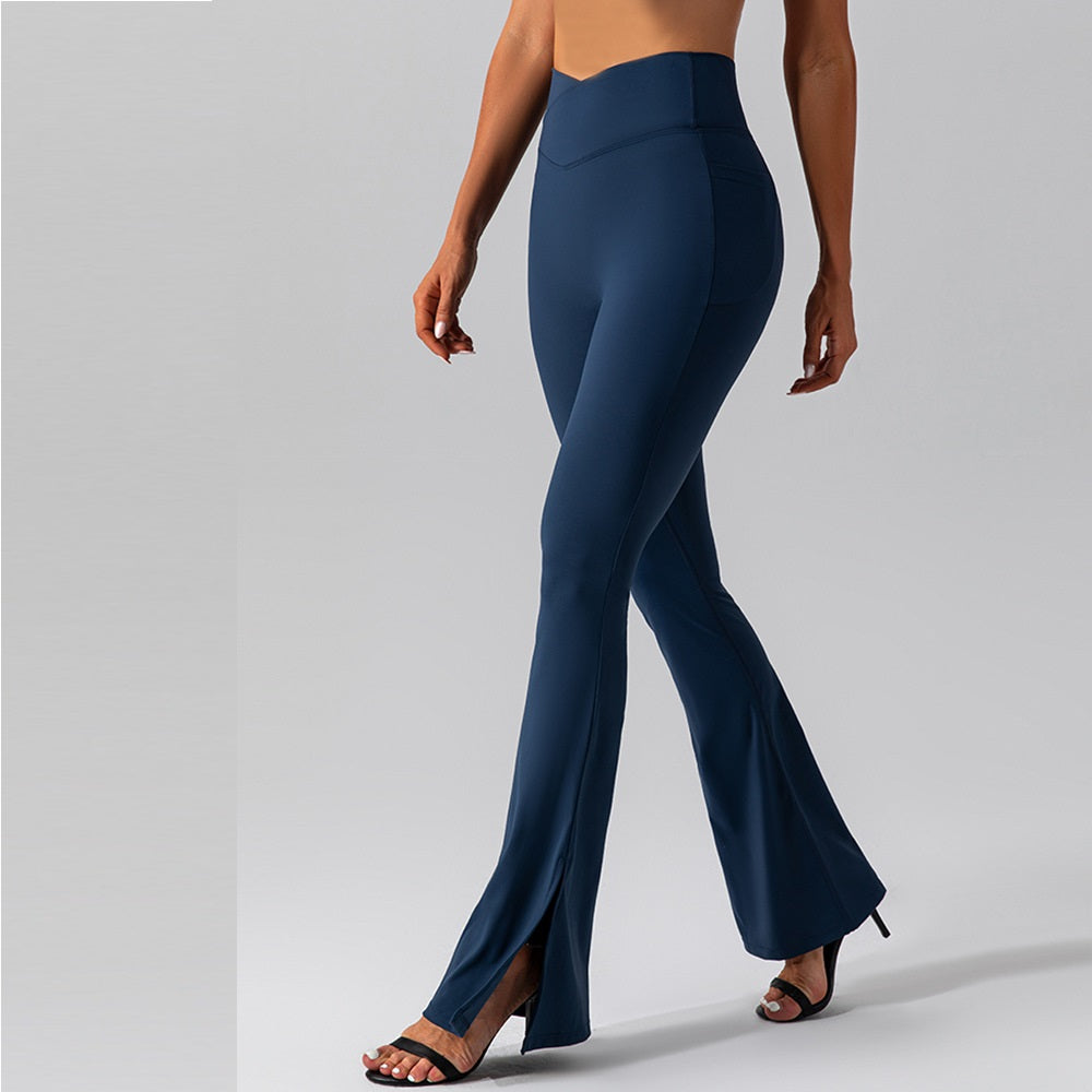 กางเกงโยคะราคาถูก กางเกงขาบานผ่าข้าง ทรงเข้ารูป เอวสูง ยกกระชับสะโพก 5 สี