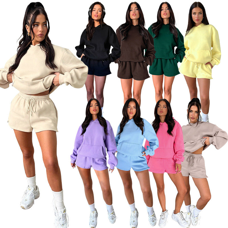 ชุดเสื้อฮู้ดแขนยาวและกางเกงขาสั้นสีพื้น 9 สี 211336