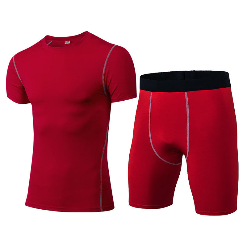 1003+1004 ชุดออกกำลังกายรัดรูปสำหรับผู้ชาย PRO ชุดกีฬาฟิตเนส ระบายเหงื่อได้ดี แห้งเร็ว แขนสั้น + กางเกงขาสั้น