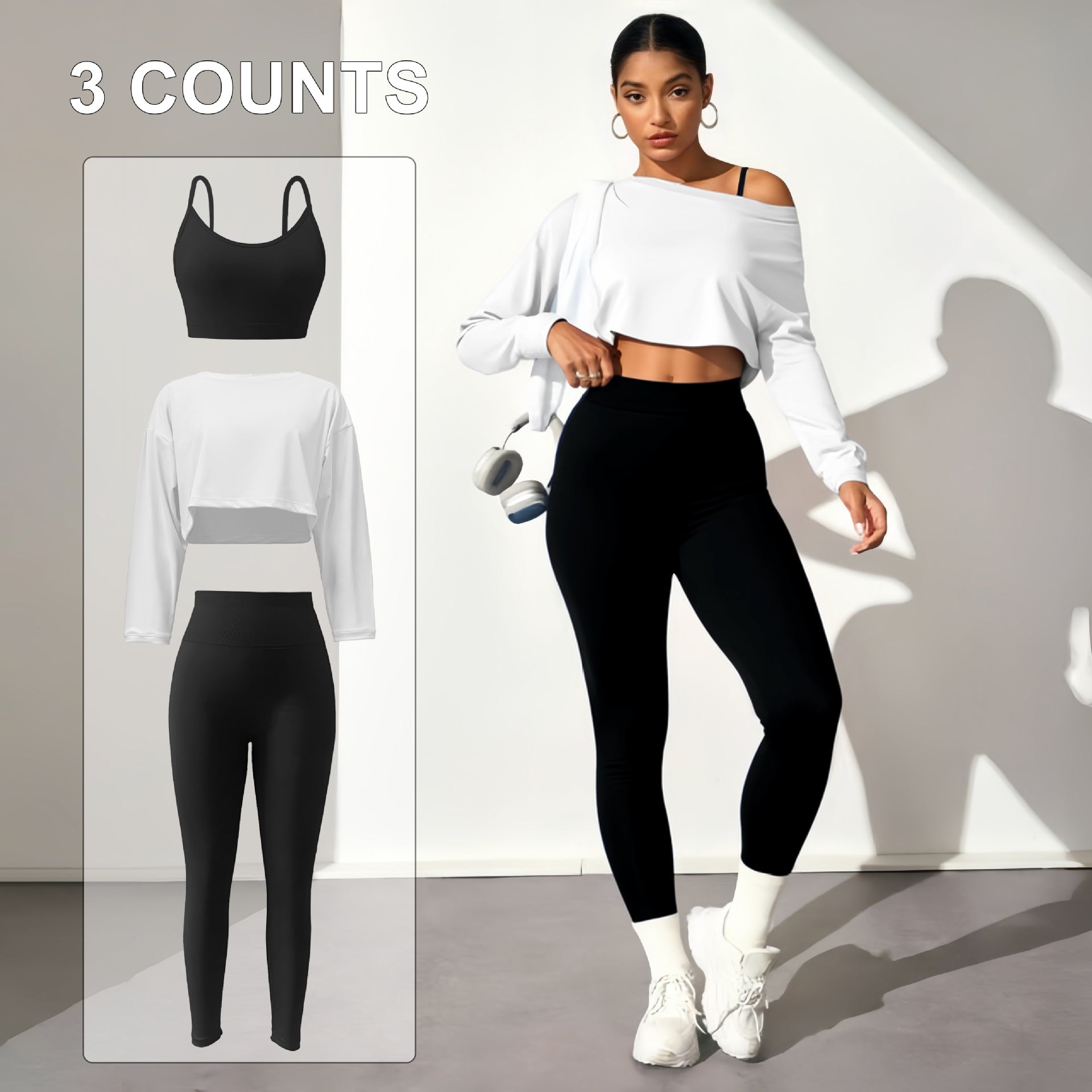 ชุดโยคะแฟชั่น 3 ชิ้น ไร้ตะเข็บ บรา กางเกงรัดรูป เสื้อแขนยาว ชุดกีฬาโยคะสำหรับผู้หญิง