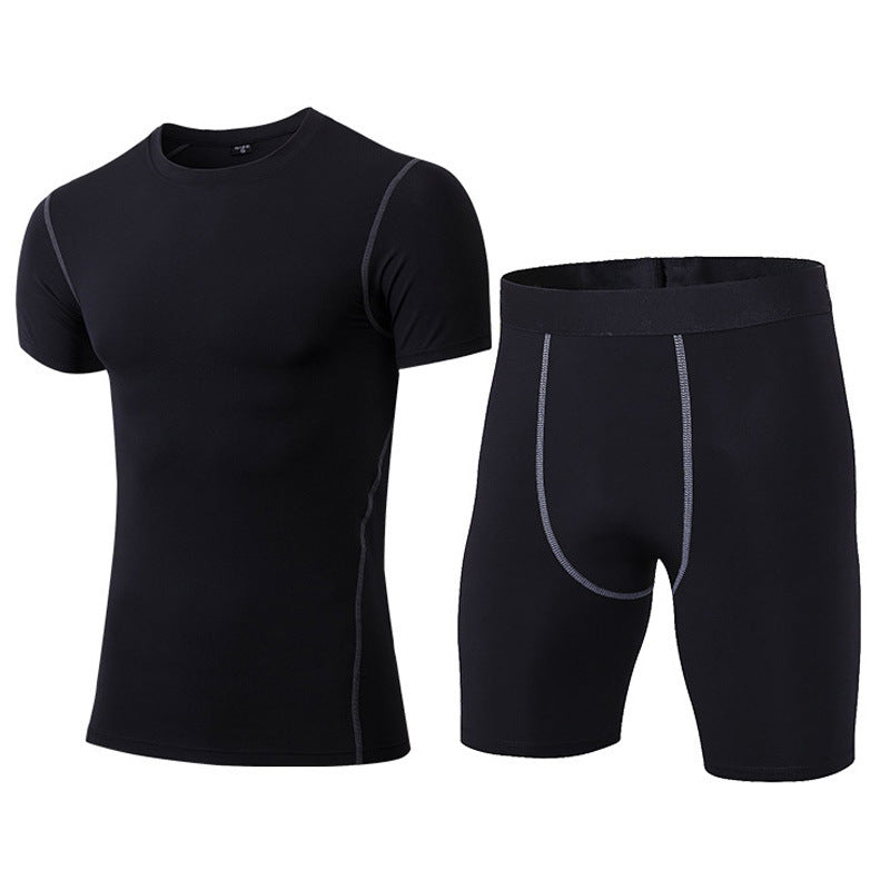1003+1004 ชุดออกกำลังกายรัดรูปสำหรับผู้ชาย PRO ชุดกีฬาฟิตเนส ระบายเหงื่อได้ดี แห้งเร็ว แขนสั้น + กางเกงขาสั้น