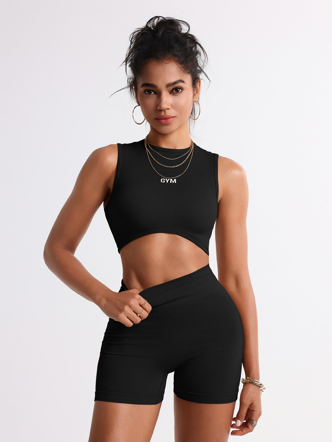 ชุดโยคะรัดรูปไร้ตะเข็บสำหรับผู้หญิง ช่วยเก็บหน้าท้อง สวมใส่คู่กับเสื้อกล้ามออกกำลังกายและกางเกงขาสั้นทรงสะโพกสวย