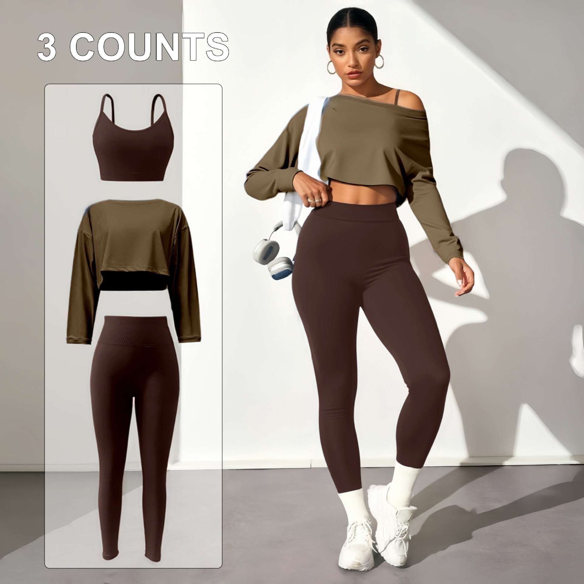 ชุดโยคะแฟชั่น 3 ชิ้น ไร้ตะเข็บ บรา กางเกงรัดรูป เสื้อแขนยาว ชุดกีฬาโยคะสำหรับผู้หญิง