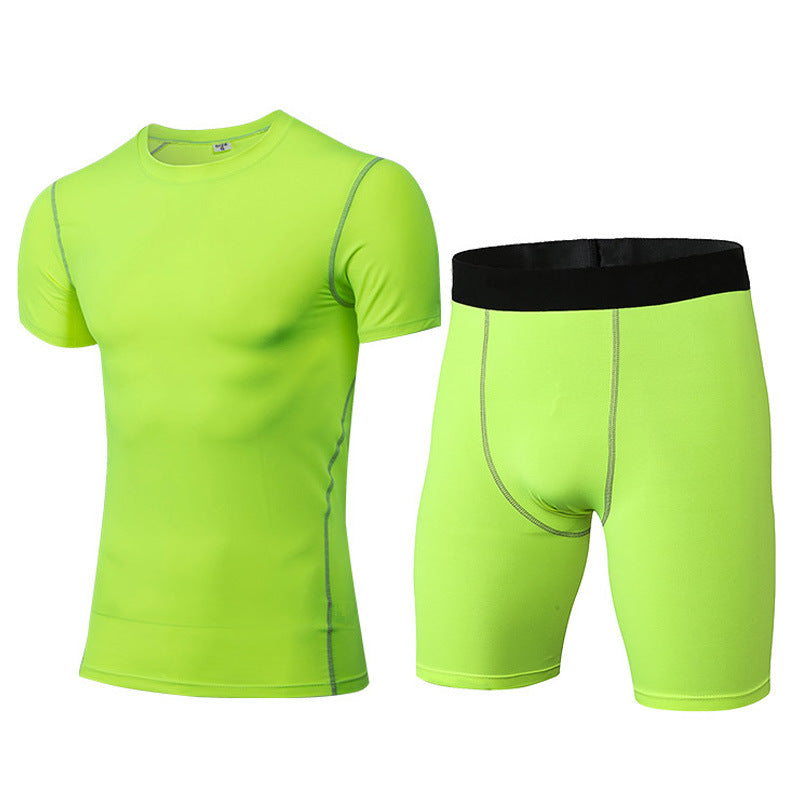 1003+1004 ชุดออกกำลังกายรัดรูปสำหรับผู้ชาย PRO ชุดกีฬาฟิตเนส ระบายเหงื่อได้ดี แห้งเร็ว แขนสั้น + กางเกงขาสั้น