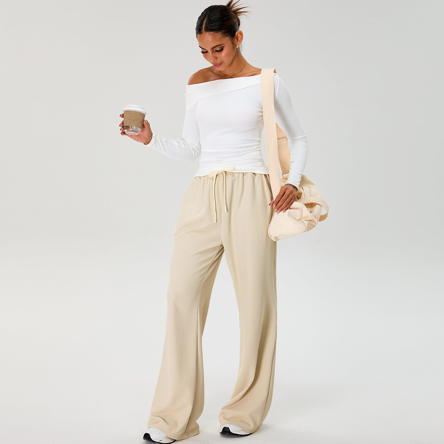 ชุดโยคะแขนยาว ดีไซน์ไหล่เอียง เสื้อยืดแห้งเร็ว ชุดกีฬา กางเกงลำลอง กางเกงวิ่ง