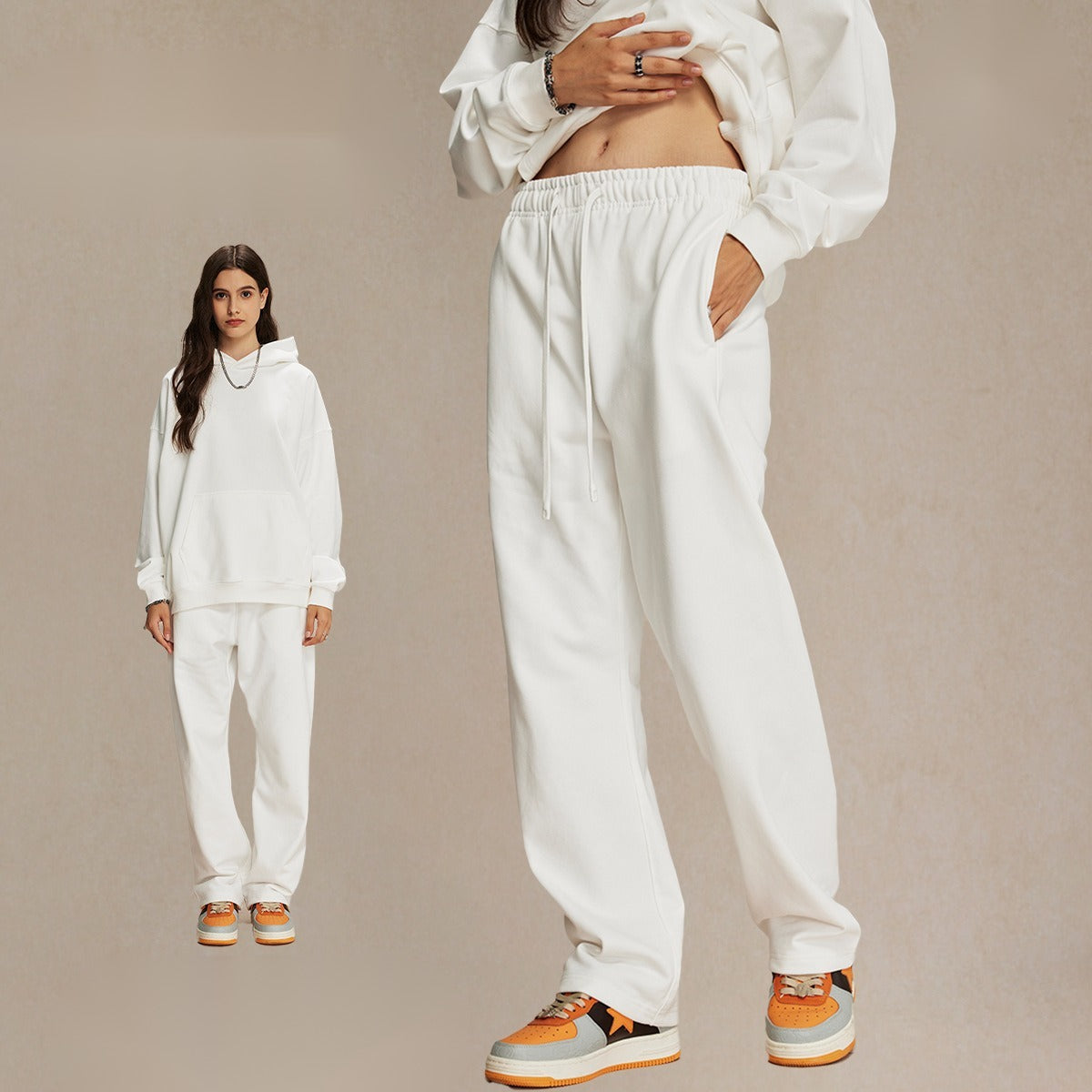 กางเกงขายาวผ้าขนสัตว์แท้ 430 กรัม ทรงหลวม สไตล์สปอร์ต สีพื้น