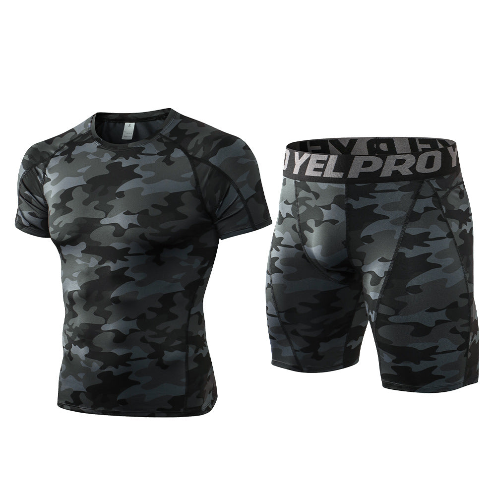 1054+1053 ชุดออกกำลังกายชาย ระบายเหงื่อ แห้งเร็ว กางเกงขาสั้นแขนสั้นรัดรูปสำหรับวิ่ง