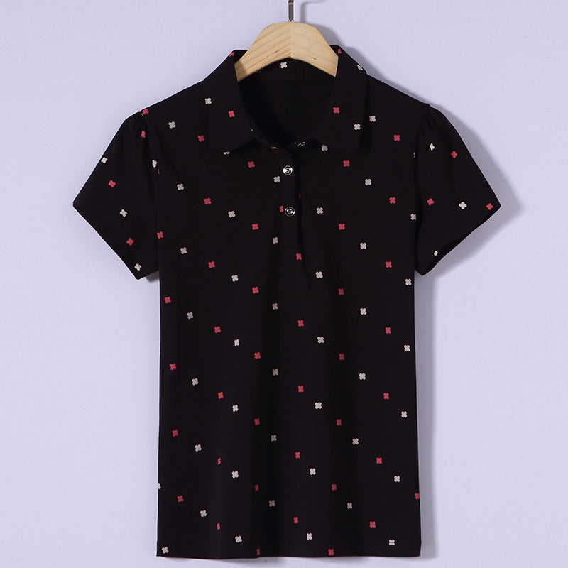 เสื้อยืดแขนสั้นผู้หญิงสำหรับฤดูใบไม้ผลิ/ฤดูร้อน เสื้อโปโลพิมพ์ลายปกเสื้อลำลองสำหรับสุภาพสตรี