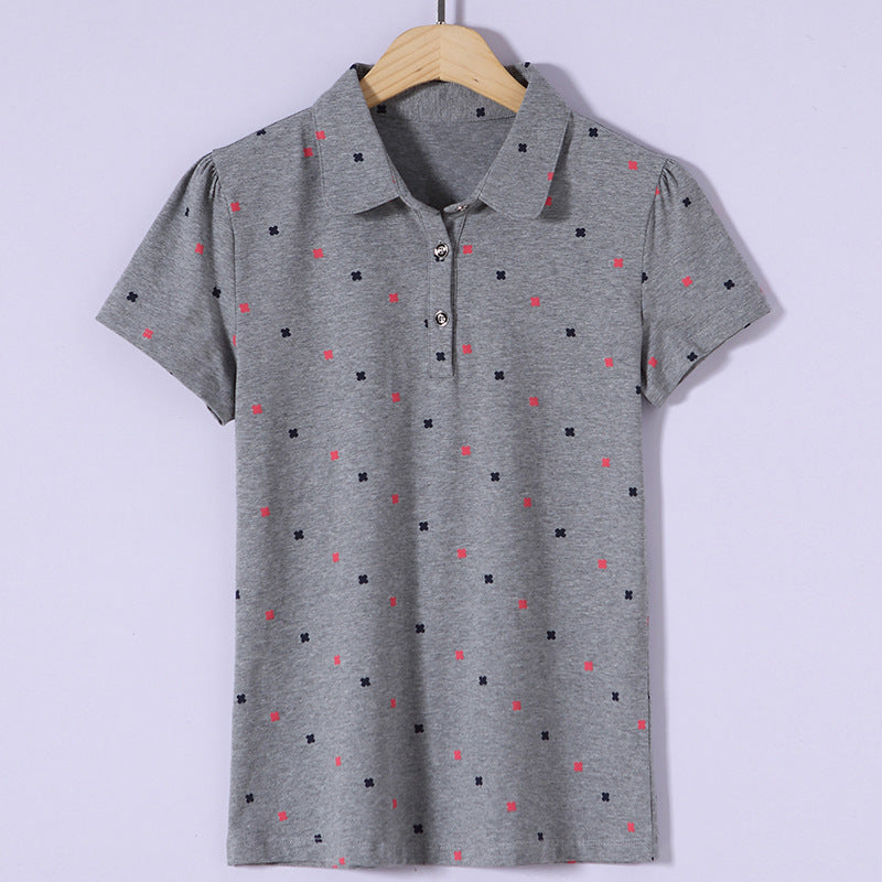 เสื้อยืดแขนสั้นผู้หญิงสำหรับฤดูใบไม้ผลิ/ฤดูร้อน เสื้อโปโลพิมพ์ลายปกเสื้อลำลองสำหรับสุภาพสตรี