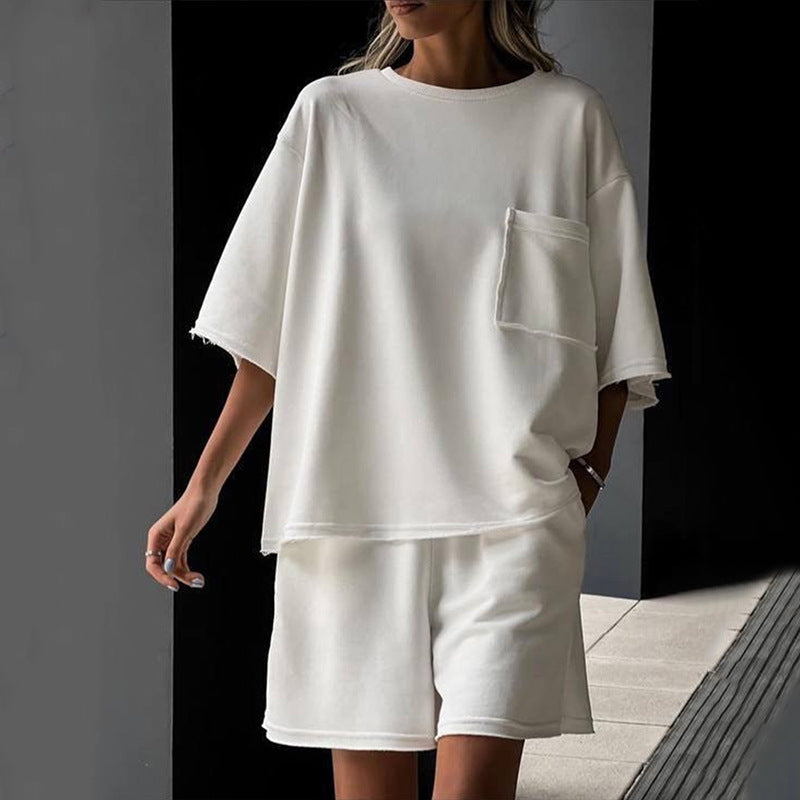 ชุดกีฬากางเกงขาสั้นแขนสั้นคอกลมสีพื้นสองชิ้น