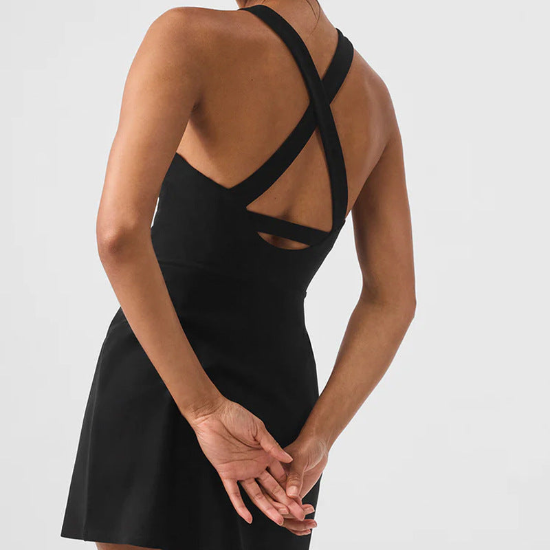 กระโปรงเทนนิสคอปกสีนู้ด มีแผ่นเสริมหน้าอกถอดได้ ป้องกันการเปิดเผยส่วนต่างๆ ของร่างกาย ชุดเทนนิสชิ้นเดียวสำหรับกีฬากลางแจ้ง