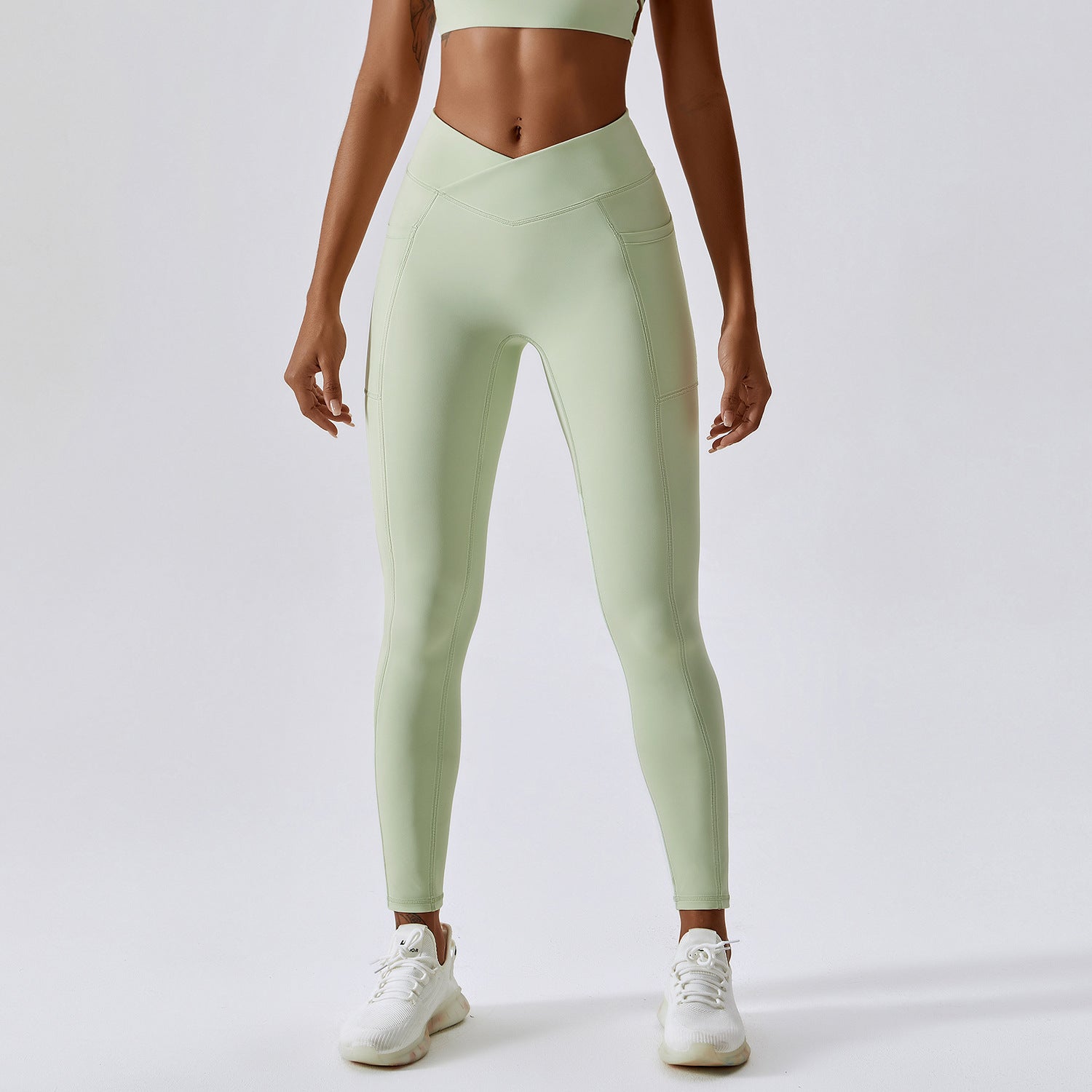 กางเกงออกกำลังกายโยคะสีนู้ด ทรงเอวไขว้ รัดรูปสำหรับวิ่ง 8001 5 สี