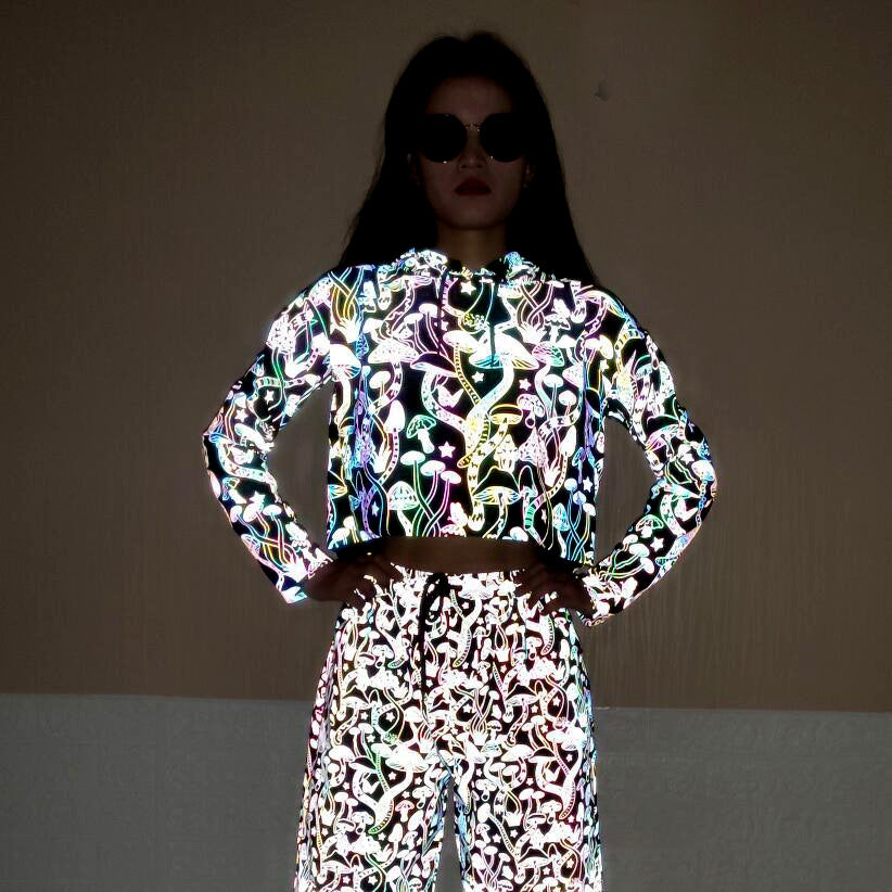เสื้อฮู้ดสะท้อนแสงสีเห็ด เสื้อฮู้ดทรงครอปเซ็กซี่ ทรงหลวม
