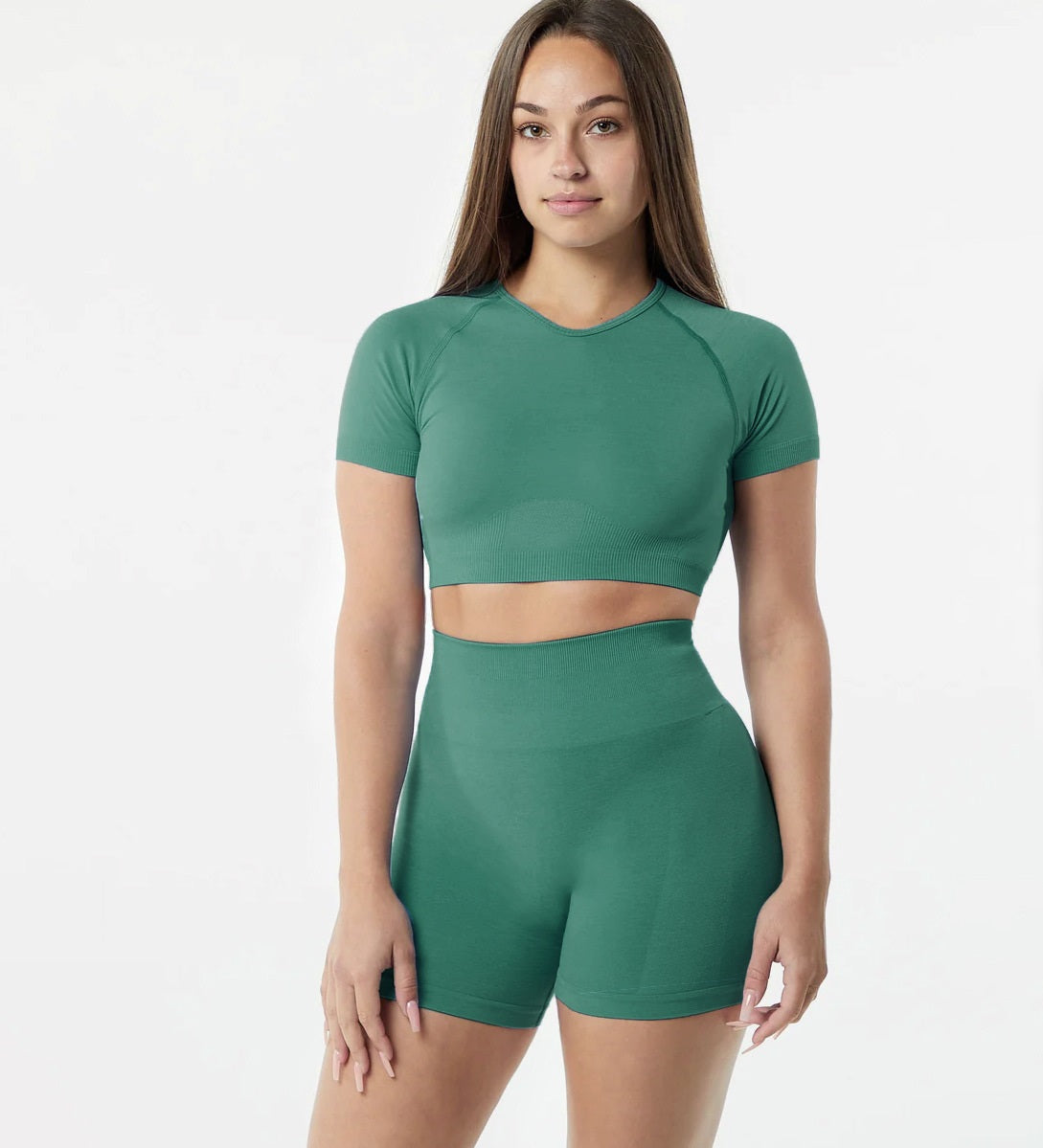 ชุดโยคะไร้ตะเข็บ กระชับ แห้งเร็ว แขนสั้น เอวสูง กางเกงขาสั้น 4 สี