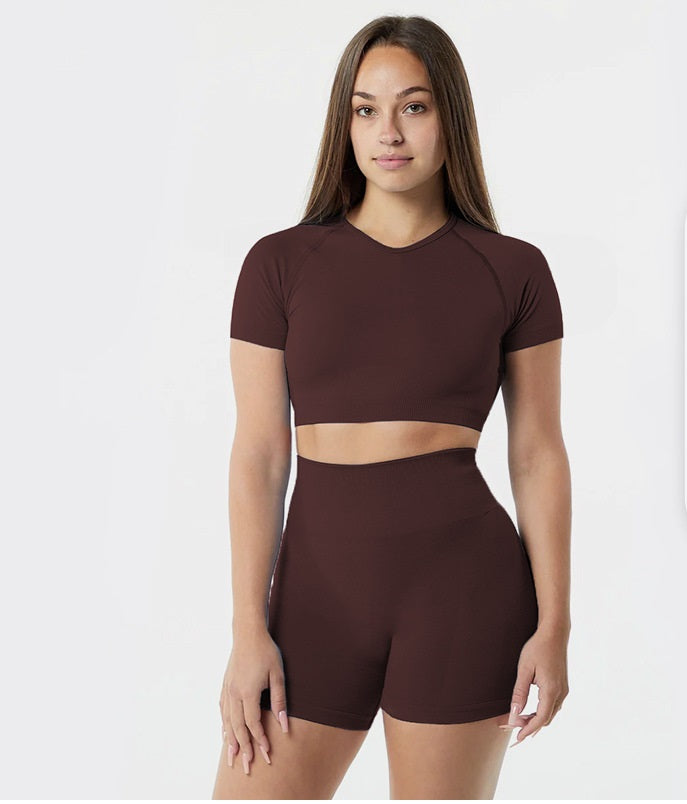 ชุดโยคะไร้ตะเข็บ กระชับ แห้งเร็ว แขนสั้น เอวสูง กางเกงขาสั้น 4 สี